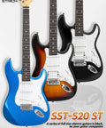 Beginner Electric Guitar Kit 39 Inch Full Size HSS Pickup With 10W Amp Bundle Includes Gig Bag Tuner Capo Strap Extra Strings Cable Picks And More Sunburst displayed with colorful models.
