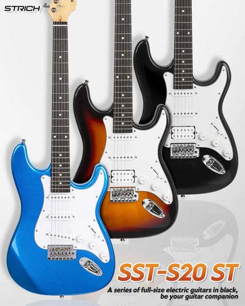 Beginner Electric Guitar Kit 39 Inch Full Size HSS Pickup With 10W Amp Bundle Includes Gig Bag Tuner Capo Strap Extra Strings Cable Picks And More Sunburst displayed with colorful models.