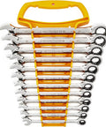 12-Piece 12-Point Ratcheting Metric Wrench Set With Off-Corner Loading, 5-Degree Quick Turn, neatly arranged in a yellow holder
