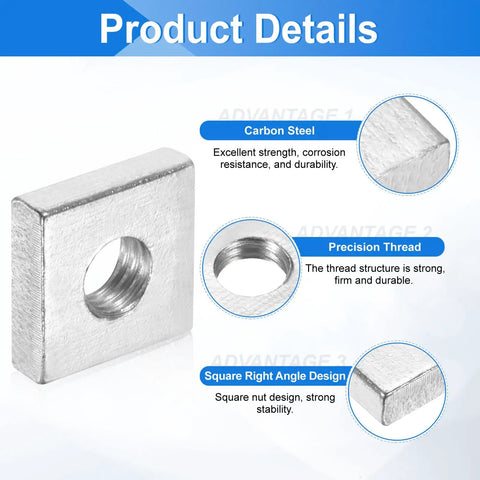 One Hundred M6 Square Nuts Built Tough From Quality Carbon Steel With Zinc Plating For Zero Hassle Fixes And Rock Solid Mounts, showcasing a durable square nut design.