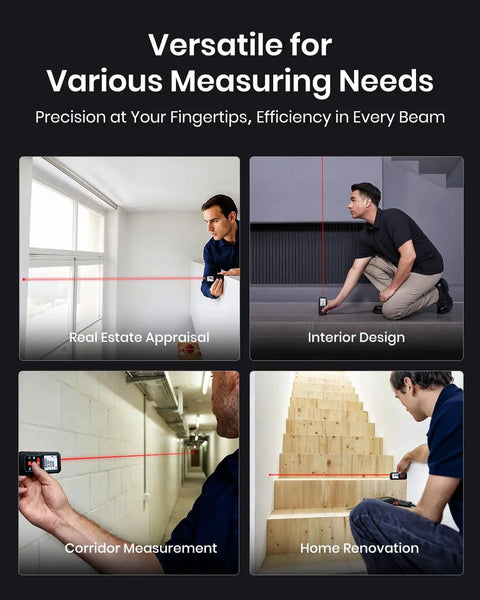 Collage showing uses of Digital Laser Tape Measure With 393ft Range And Upgraded Electronic Angle Sensor, 2mm Accuracy in various projects