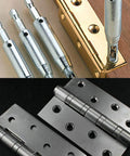 Front view of 8-piece center drill bit set with cabinet hinge hardware; silver bits and hinge plates for woodworking