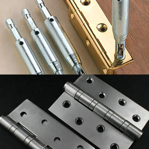 Top view of Eight Piece Center Drill Bit Set with Automatic Center Punch for Cabinets and Woodworking on metal hinges.
