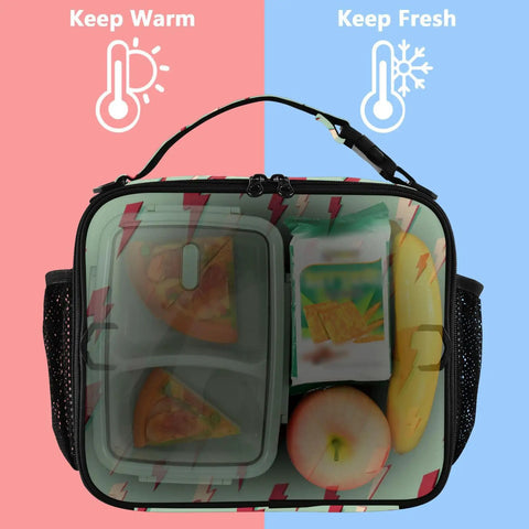 Insulated Lunch Bag With Shoulder Straps, Portable Cooler Bag For Office, School, And Travel, Lightning Bolt Design, Durable Polyester Construction, Spacious Main Compartment, Side Mesh Pockets For Drinks, Great For Meals, front view