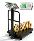 Heavy Duty 660 Pound Digital Platform Scale With Removable Guardrail For Floor Weighing Postal And Luggage Shipping Scale 90 Degree Fold Stainless Display And Buttons Easy Transport And Use, showing scale with display and guardrail.