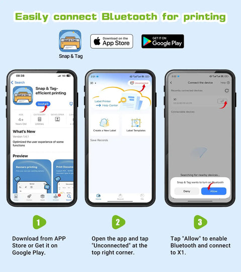 Screenshots showing how to connect the Slick Portable Bluetooth Label Maker With Included Tape to a smartphone app.