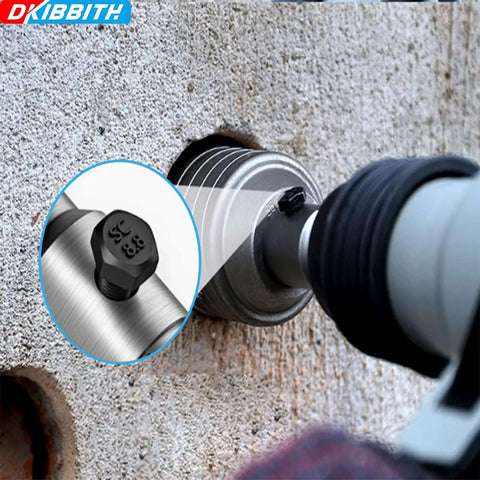 Installed 4-inch concrete hole saw with SDS Plus shank on drill; inset shows center positioning bolt; DKIBBIT logo top-left
