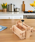 Wooden Tofu Press Mold Kit For DIY Homemade Tofu Making, 13x17x9.5cm on kitchen counter, built for easy water drainage.