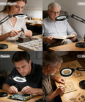 People using 10X Magnifying Glass With Light And Stand For Close Work, 4.3-Inch Distortion-Free Lens for crafting, reading, soldering.
