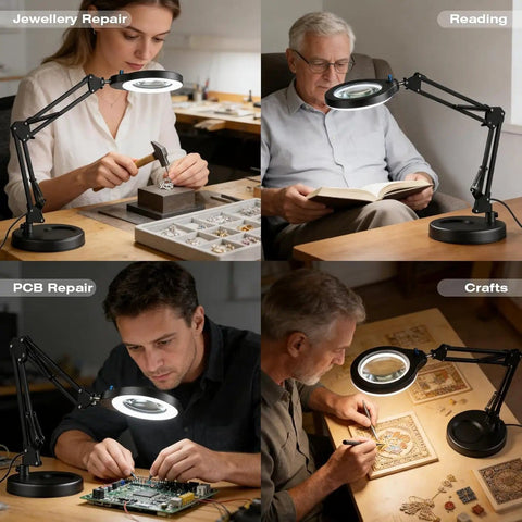 People using 10X Magnifying Glass With Light And Stand For Close Work, 4.3-Inch Distortion-Free Lens for crafting, reading, soldering.