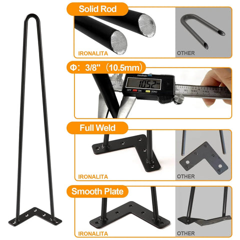 Heavy Duty Hairpin Leg Set For Furniture 10 Inch Three Eighths Inch Solid Iron Black Metal Table Legs Four Pack With Floor Protectors Ideal For Dresser Bench Cabinet Stool And DIY Projects, showing solid rod and measurements.