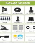 Package contents of 66Ft Drip Irrigation Kit with Timer showing components like tubing, connectors, nozzles, and ties.