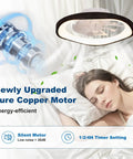 Monikessy Modern Black Ceiling Fan with Lights 20" Low Profile Ceiling Fan showing upgraded copper motor above a sleeping person.