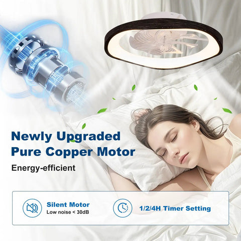 Monikessy Modern Black Ceiling Fan with Lights 20" Low Profile Ceiling Fan showing upgraded copper motor above a sleeping person.