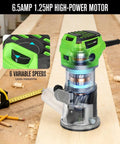 Slick Quick Release 6.5 Amp Compact Wood Router With Fixed Base offering variable speed settings 12000 to 30000 RPM close-up.