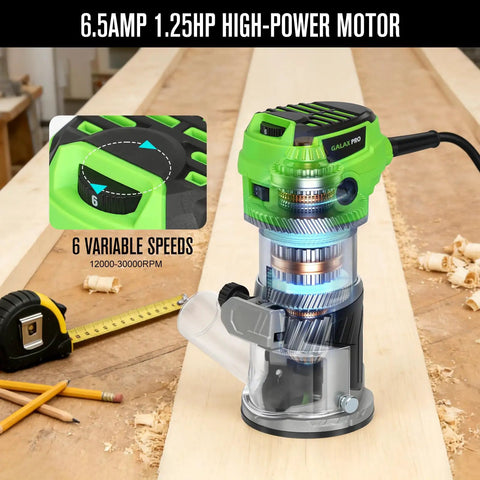 Slick Quick Release 6.5 Amp Compact Wood Router With Fixed Base offering variable speed settings 12000 to 30000 RPM close-up.