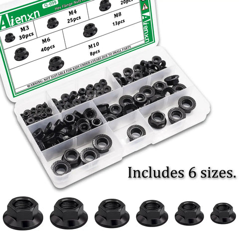 Hex Flange Nuts Set Kit 136 Piece Six Metric Sizes Black Carbon Steel Zinc Plated Assortment For Home Auto And Shop Use M3 M4 M5 M6 M8 M10 Easy To Install And Reusable No Slip Grip Durable Fasteners