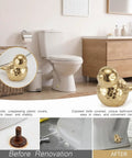 Two Pack Gold Bird Toilet Bolt Covers Decorative Screw Caps Glossy Finish installed on toilet with ceramic design.