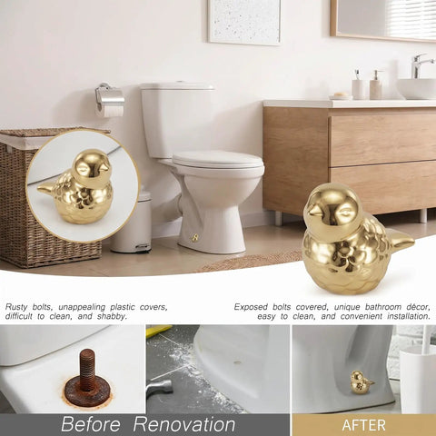 Two Pack Gold Bird Toilet Bolt Covers Decorative Screw Caps Glossy Finish installed on toilet with ceramic design.
