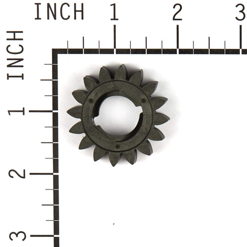 Genuine Pinion Gear Replacement for Outdoor Power Equipment Models 693059, 280104 and 693058 against ruler showing size