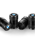 Black Universal Aluminum Tire Valve Stem Caps, Four Pack, Durable, Corrosion Resistant, Easy Install Air Valve Covers with car logo.