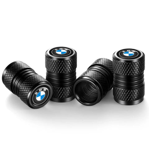 Black Universal Aluminum Tire Valve Stem Caps, Four Pack, Durable, Corrosion Resistant, Easy Install Air Valve Covers with car logo.