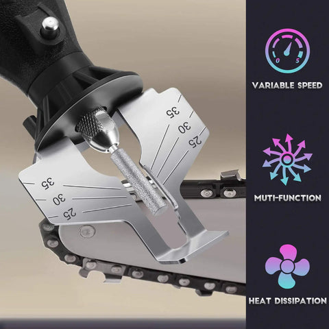 Close-up of Powerful Chainsaw Sharpener Kit With 180W Motor And 5 Speed Settings 8000 To 35000 RPM includes angle guide on chain.