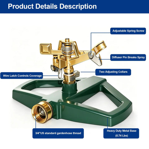 Impact Pulsating Lawn Sprinkler With Metal Base, Heavy Duty Yard Sprinkler For Large Areas, Adjustable 360 Degree Rotation