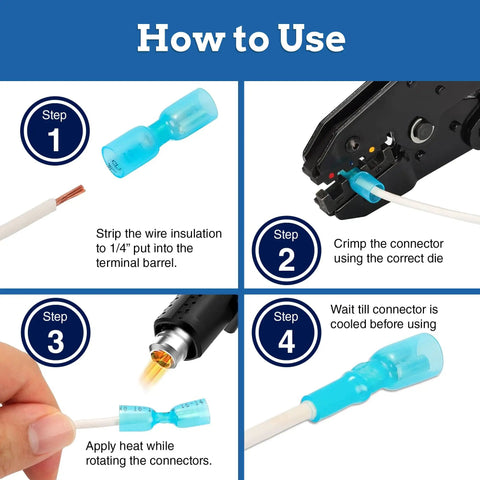 How to use steps for Dope Heat Shrink Spade Connectors Kit With KableSeal Tech, Double Wall Tubing, Tin Plated Copper, AWG 22-10.
