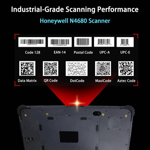 Built Tough 13.3 Inch Rugged Tablet With Intel Core I7 Processor 32GB Ram And 1TB Storage Runs Windows 11 Pro IP65 Waterproof Industrial PC features Honeywell N4680 scanner.