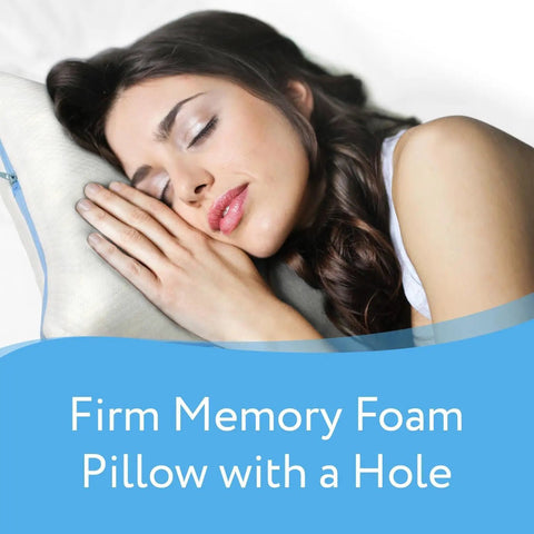 Woman sleeping on Firm Memory Foam Pillow With Ear Hole For Side Sleepers, 14 By 19 Inches, White, Ear Pressure Relief.