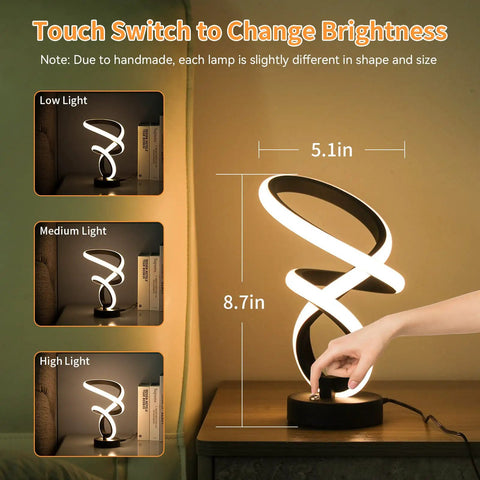 Lit Handmade Spiral LED Table Lamp With Dimmable Touch Control 10 RGB Color Modes Black Frosted Finish changing brightness