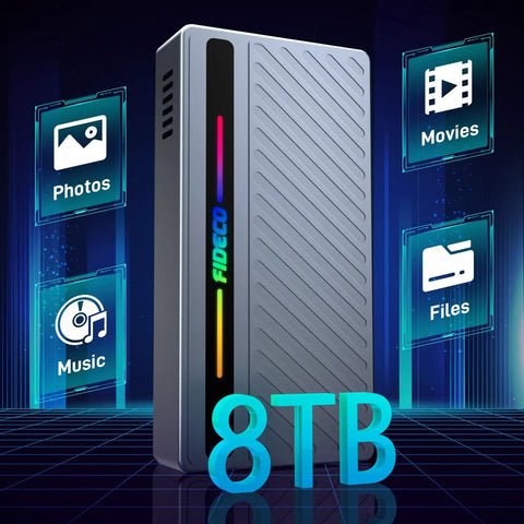 Blazing Fast M.2 NVMe SSD Enclosure With Slick RGB Design And 40Gbps USB4 To Type C Adapter optimized for Thunderbolt, displaying 8TB capacity.