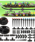 Illustration of 100 Ft Drip Irrigation Kit with 1/4 and 5/16 inch tubing, locking fittings, sprayers, and drippers for small farm or raised beds.