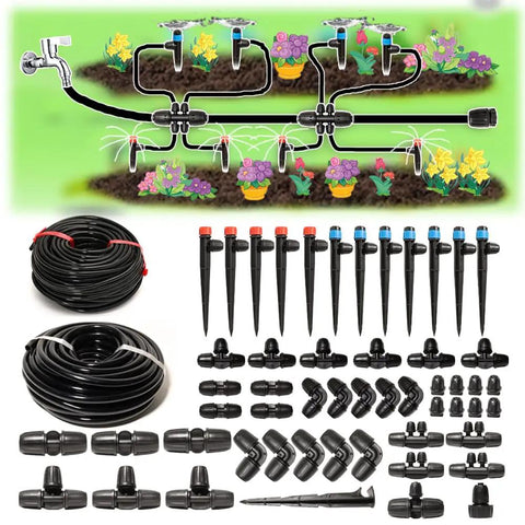 Illustration of 100 Ft Drip Irrigation Kit with 1/4 and 5/16 inch tubing, locking fittings, sprayers, and drippers for small farm or raised beds.