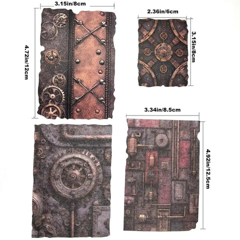 Vintage Steampunk Gears Paper Kit With Embossed Textures For Junk Journals And Card Making, showing 4 sheets with size measurements.