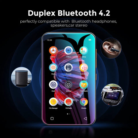 72GB WiFi MP3 Player With Bluetooth 4.0 Inch Full Touch Screen MP4 Player With Speaker displayed with app icons on screen