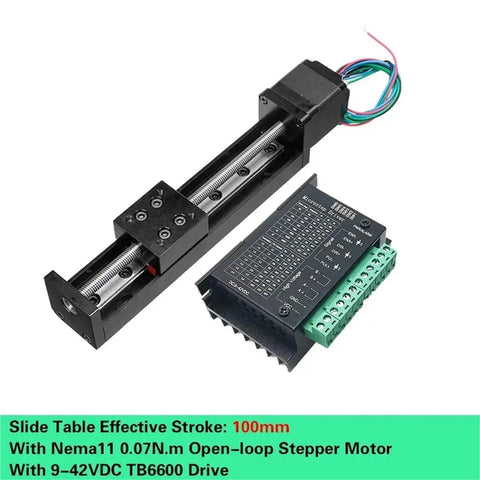 Rock Solid Motorized Slide Table With T Type Linear Guide Rail Stage and Mini Sliding Platform For Dead Nuts Accurate Z Axis Motion Control In Custom Automation Projects with Nema11 stepper motor and TB6600 drive.