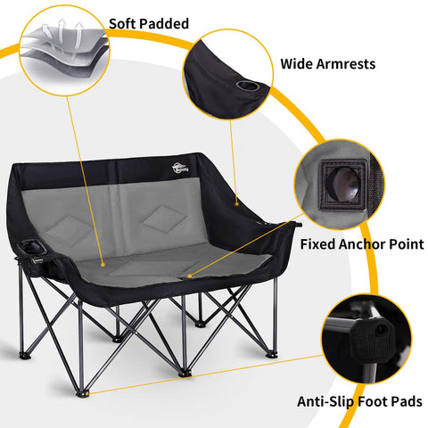 Two Person Camping Chair Loveseat Heavy Duty Double Folding Camp Couch For Adults With Wide Armrests And High Back Black