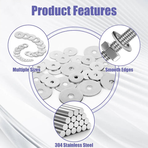 Heavy Duty Fender Washers Assortment Kit in 304 Stainless Steel, Flat Washers Set shown with smooth edges and multiple sizes