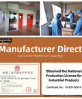 Manufacturing facility interior with two workers, national production license certificate, promoting direct industrial product sales.