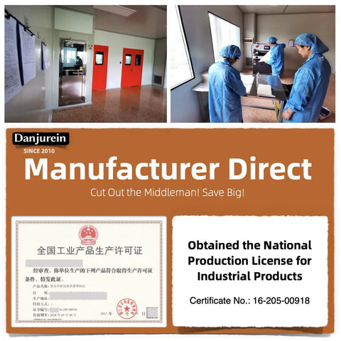 Manufacturing facility with workers, production license, and text emphasizing direct manufacturer sales and savings.