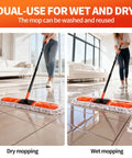 36 Inch Commercial Janitor Broom And Dust Mop Set Heavy Duty Workhorse With Telescopic Pole And Three Pack Cotton Pads in use for wet and dry mopping.