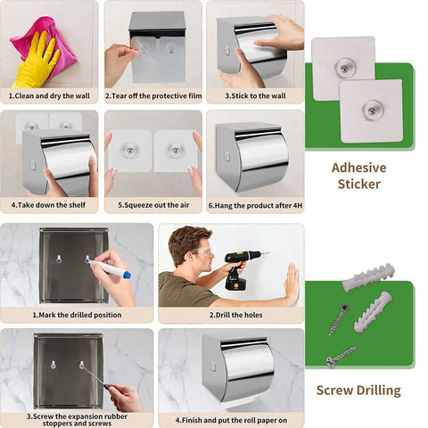 Installation process for No Drill Stainless Steel Toilet Paper Holder With Shelf And Storage Box Waterproof SUS304 Cat And Dog Proof