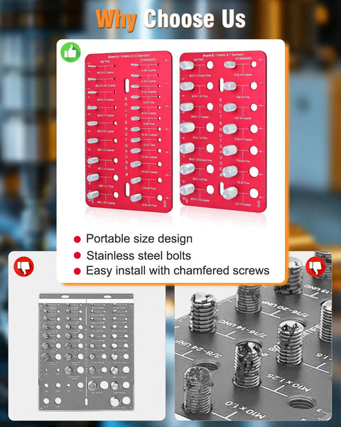 Nut And Bolt Thread Checker Kit With 35 Size Gauge Identifies 16 Metric And 25 Standard Thread Sizes, red panels, stainless steel bolts
