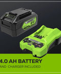 24V 13 Inch Brushless Cordless Lawn Mower With 4.0Ah Battery And Charger shown separately on display