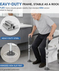 Premium Heavy Duty Steel Toilet Safety Rail For Seniors Bulletproof Bathroom Support Bar with unshakable grip, showing stability and non-slip feet.