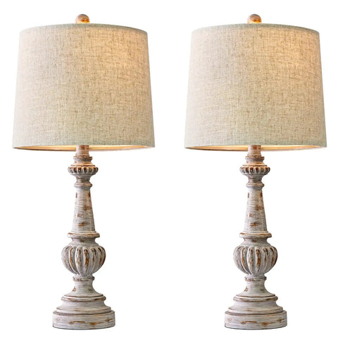 Classic 24.5 Inch Table Lamp Set Of 2 For Living Room And Bedroom With Linen Fabric Shade And Resin Base, Cozy Rustic Nightstand Lamps For Study Office And Hallway.