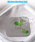 Square Shower Drain Cover 5.7 Inch TPR Silicone Hair Catcher Filter Two Pack Grey Bath Floor Protector in sink with water.