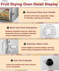 Built Tough Eight Tray Food Dehydrator Large Capacity Machine With Stainless Steel Racks features aluminum alloy door handle and anti-slip footpads.